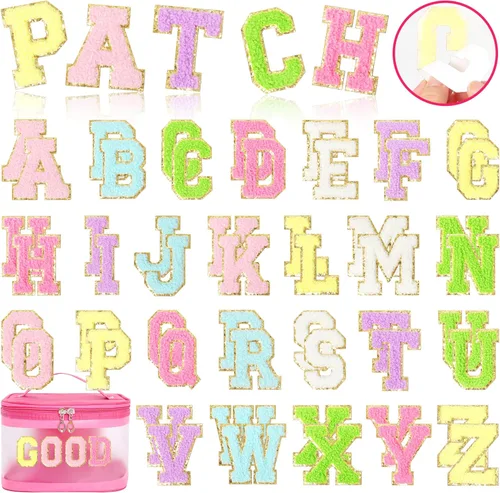 Vista 7 de KINGSOW Parches de letras autoadhesivas rosa: parche bordado de chenilla con letras estilo universitario