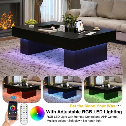 Vista 6 de LVB - Mesa de café negra, mesa de sala moderna de madera con LED y almacenamiento, mesa central única de gran tamaño y forma rectangular con luz