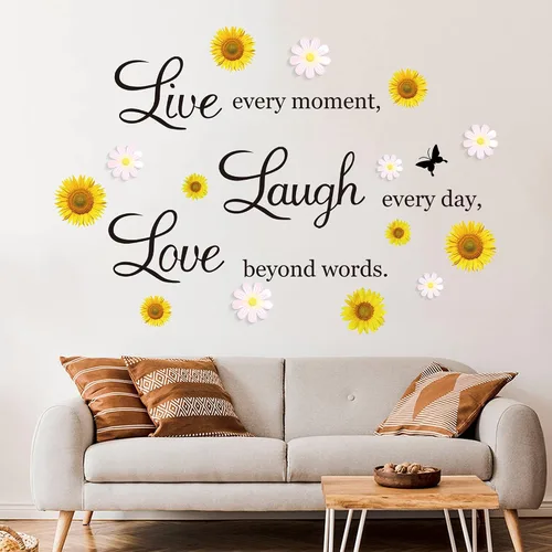 Vista 2 de Calcomanías de pared con diseño de margaritas de girasol, cita inspiradora para decoración del hogar