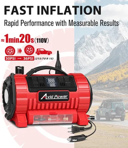 Vista 2 de AVID POWER Inflador de neumáticos, compresor de aire portátil, bomba de neumáticos de coche de 12 V CC/110 V CA con inflado y desinflado, 5 modos
