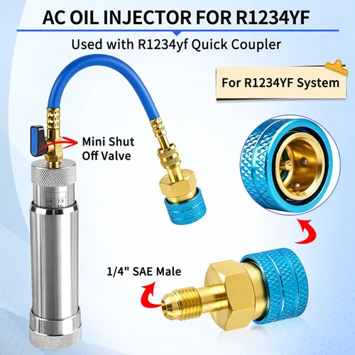 Vista 4 de Inyector de tinte CA FANOVO 1234YF con válvula de bola de cierre y preventor de reflujo Upgrade R1234YF AC Oil Injector, 2 OZ Refrigerant Hand