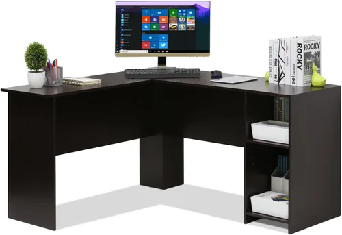 Vista 14 de Furinno Escritorio clásico, escritorio para juegos en forma de L de 40 pulgadas de ancho, escritorio para computadora, escritorio con estantes