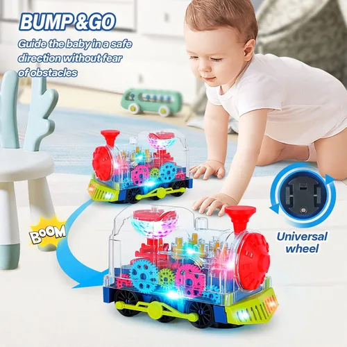 Vista 3 de Juguetes de tren iluminado para niños pequeños, juguetes sensoriales interactivos para autismo con engranajes móviles coloridos, música y luz LED