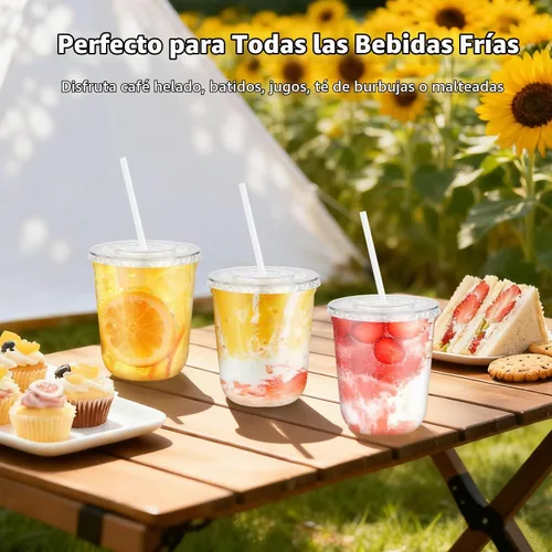 Vista 3 de Paquete de 25 vasos desechables de plástico transparente con tapas y pajitas, tazas de café helado de fondo redondo de 12 onzas, tazas de bebidas