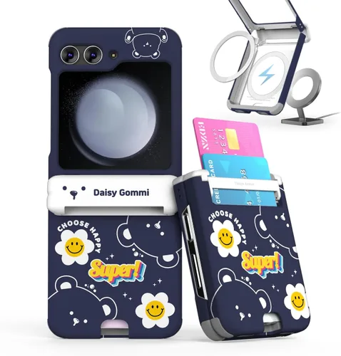 Vista 30 de para Galaxy Z Flip 5 Funda con 2 ranuras para tarjetas, funda rígida delgada y resistente con protección de bisagra, funda completa con protección