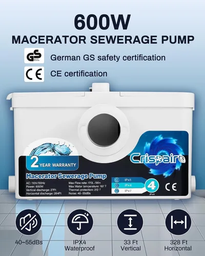 Vista 2 de Bomba de alcantarillado macerador de 600 W - 33 pies/328 pies, flujo de 170 L/minuto para inodoro de sótano, fregadero, ducha, cocina, lavandería, 4