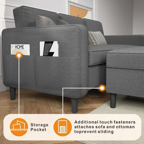 Vista 5 de Sofá seccional y sofás para sala de estar, sofá de 3 asientos gris oscuro de 3 asientos en forma de L con otomana de almacenamiento, sofás