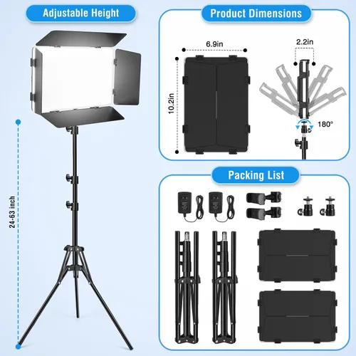 Vista 5 de Paquete de 2 Luces de Video LED con Barndoor, Panel de Luces de Estudio LED Bicolor de 20W, Kit de Iluminación Fotográfica Regulable 2500K-8500K