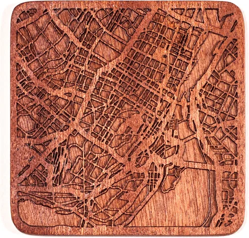 Vista 90 de Posavasos Amsterdam Map by O3 Design Studio, 1 pieza, posavasos de madera Sapele con mapa de la ciudad, hecho a mano, varias ciudades opcionales