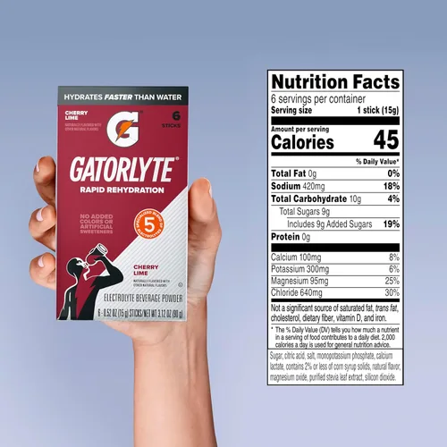 Vista 2 de Gatorlyte Polvo Cereza Lima, rinde porción de 16.9 oz, peso neto 3.1 oz (Paquete de 6)