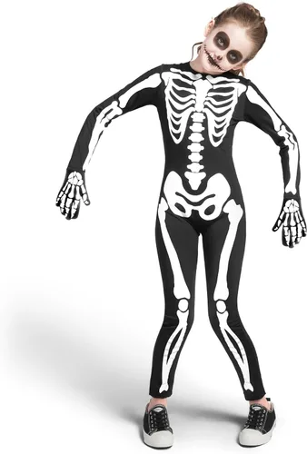 Vista 8 de Spooktacular Creations Disfraz de esqueleto de Halloween para niños, overol unisex de esqueleto que brilla en la oscuridad con guantes para niños