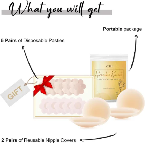 Vista 3 de WIGI Premium Nipple Covers, Reusable Silicone Nipple Covers & Disposable Nipple Pasties for Women, Invisible & Breathable
