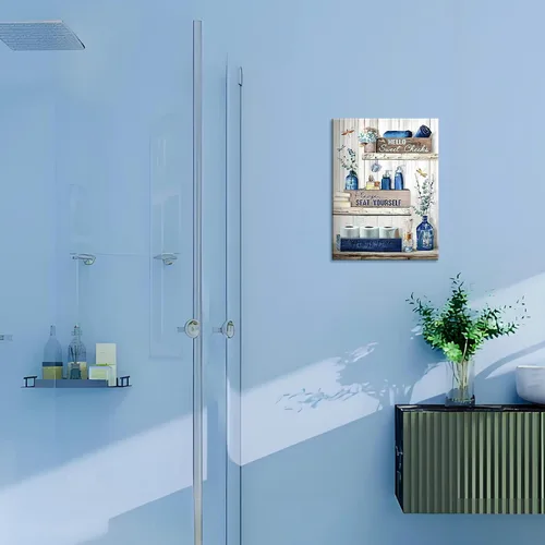 Vista 7 de BFKDKG Arte Decorativo de Pared para Baño Azul Marino Lienzo de Pared Decorativo para Baño Azul Rústico Por Favor Siéntate en Tu Propio Logo Pintura