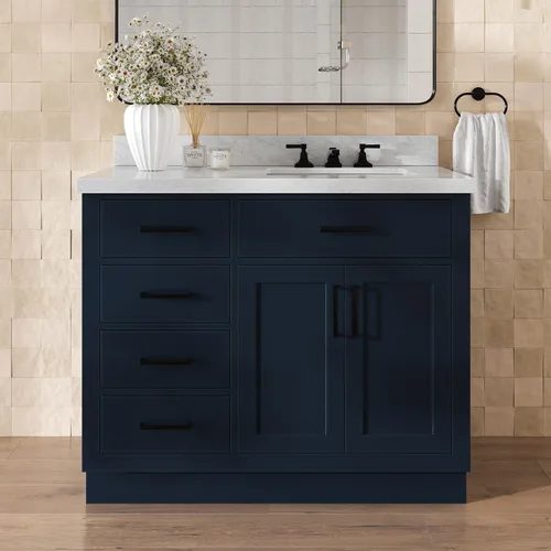 Vista 16 de DKB Bradford - Mueble de baño individual negro de 42 pulgadas con fregadero rectangular, encimera de mármol italiano de carrara con borde de 1.5
