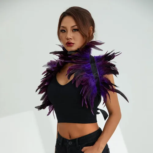 Vista 2 de Disfraz de capa de plumas naturales para mujer, chal gótico, cuello de encogimiento, capa de plumas para Halloween, disfraces de maléfica