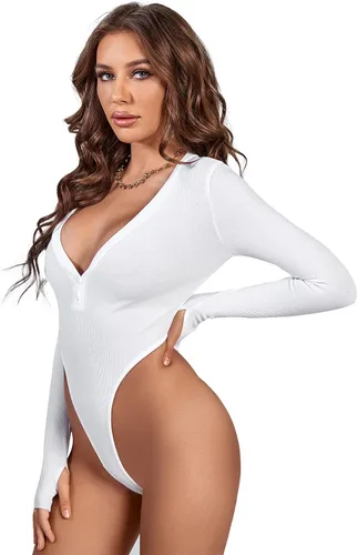 Vista 4 de LYANER Body de punto acanalado con cuello en V profundo y medio botón frontal de manga larga para mujer