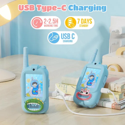 Vista 3 de Walkie Talkies de video para niños, paquete de 2 walkie talkies para niños con bonita cubierta de silicona, cambiador de voz, rango de 1000 pies