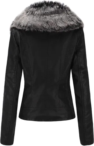 Vista 7 de Bellivera - Chaqueta de cuero sintético para mujer, moda de otoño e invierno, abrigo de motociclista con cuello de piel
