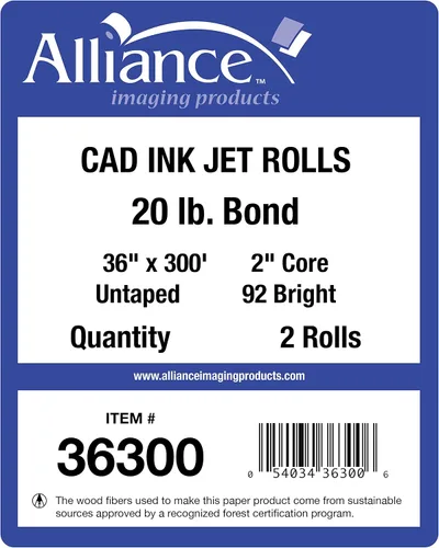 Vista 4 de Rollos de papel CAD de gran formato Alliance Bond (9 kilogramos 2 rollos, 91 cm x 91 m núcleo de 5 cm)