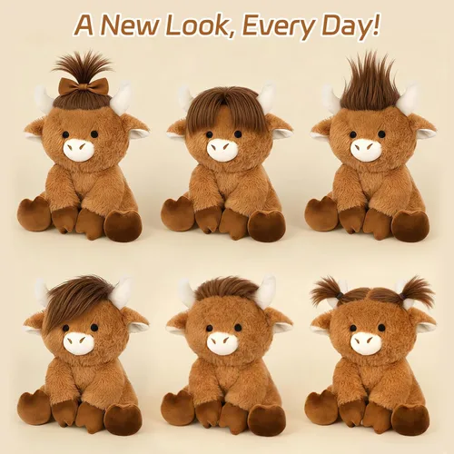 Vista 4 de Highland Cow - Animal de peluche esponjoso de 8 pulgadas con pelo elegante, juguete suave de peluche Kawaii abrazable de vaca para niños, niños