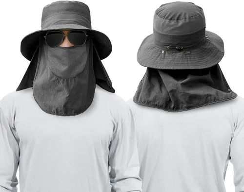 Vista 2 de Sombrero de pesca de ala ancha para hombre, 2 piezas, protección solar UPF 50+, extraíble, solapa para cara y cuello