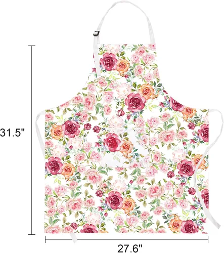 Vista 7 de Claswcalor Delantal de flores rosas con bolsillos, delantal floral para cocinar, delantal de cocina con rosas de acuarela para mujer, delantal