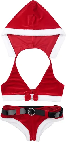 Vista 6 de YiZYiF Conjunto de ropa interior de Navidad para mujer, diseño de Papá Noel con capucha y muñecos