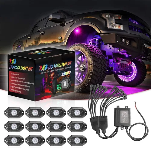 Vista 9 de SWATOW - Juego de luces de neón de 4 x 4 pulgadas, luces de roca RGB LED, luces subterráneas con control Bluetooth, luces multicolor para ruedas
