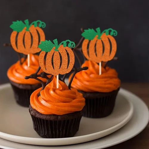 Vista 4 de 24 piezas de decoración de calabaza para cupcakes con purpurina temática de otoño, decoración de pasteles con temática de calabaza, cumpleaños