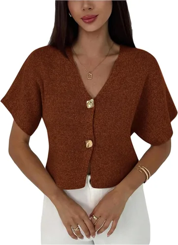 Vista 6 de SOLY HUX Cárdigan de manga corta con cuello en V para mujer Caqui liso.