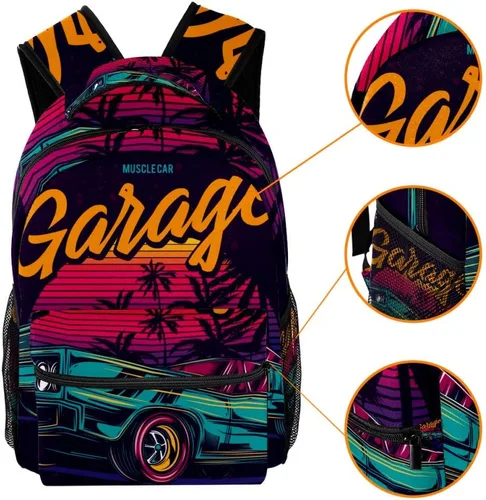 Vista 3 de LORVIES American Muscle Car en estilo retro neón, pintura ligera, mochila clásica para la escuela, mochila de viaje para niñas, mujeres, niños