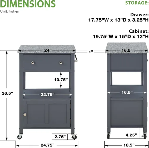 Vista 6 de OSP Home Furnishings Fairfax Farmhouse - Carrito de cocina con parte superior de granito, armario de almacenamiento rodante con toallero, estante