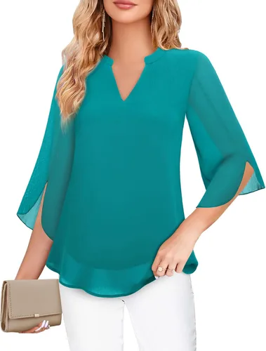 Vista 3 de Bebonnie Blusas de gasa de doble capa con cuello en V Henley con volantes y mangas 34 para mujer