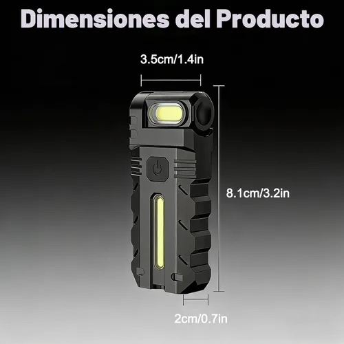 Vista 9 de Luz de trabajo LED con cabezal giratorio de 180°, doble haz, base magnética y recargable USB-C, mini llavero, linterna manos libres con clip