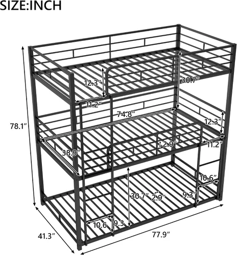 Vista 2 de Harper & Bright Designs Litera triple de metal individual sobre cama individual, litera baja resistente con barandillas de seguridad y escalera Negro