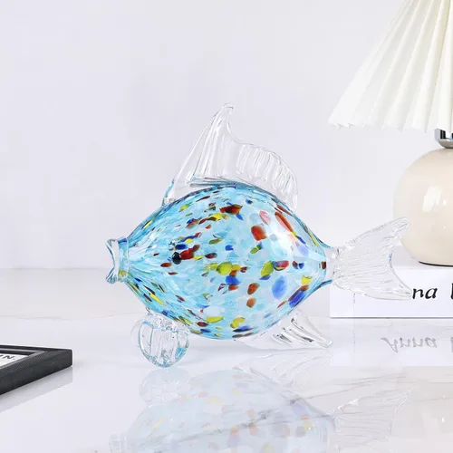 Vista 4 de Figura grande de pez de vidrio para decoración del hogar, estatua de animales marinos de vidrio soplado a mano, escultura decorativa con temática