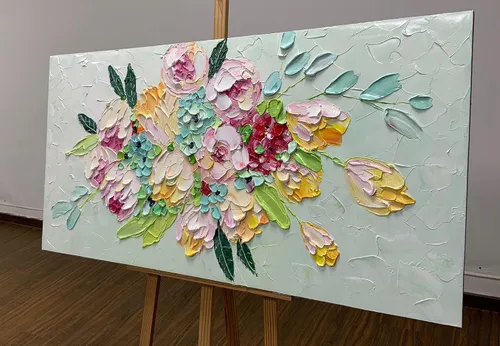 Vista 3 de AZAVY Arte, 24 x 48 pulgadas, moderno ramo de flores texturizadas pintadas a mano, arte de pared, pinturas al óleo florales sobre lienzo, naturaleza