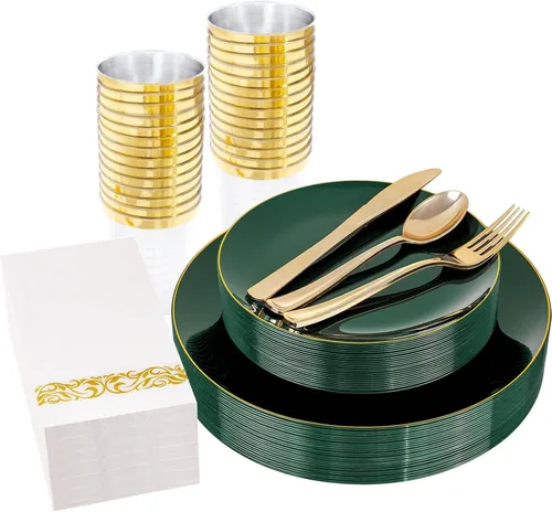 Vista 16 de YOUBET 175 PIEZAS Platos de Plástico Azul Transparente - Platos Desechables Azules y Dorados Incluyen 50 Platos, 75 Cubiertos, 25 Vasos, 25