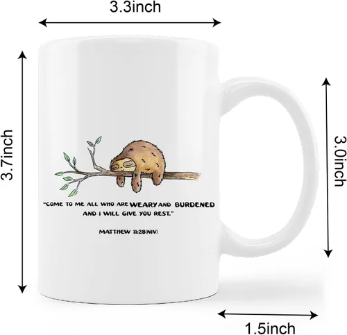Vista 5 de Tazas divertidas de perezoso, Mateo 11:28, versículo bíblico, taza de cerámica con texto en inglés "Come to Me", taza de café con leche, taza de té