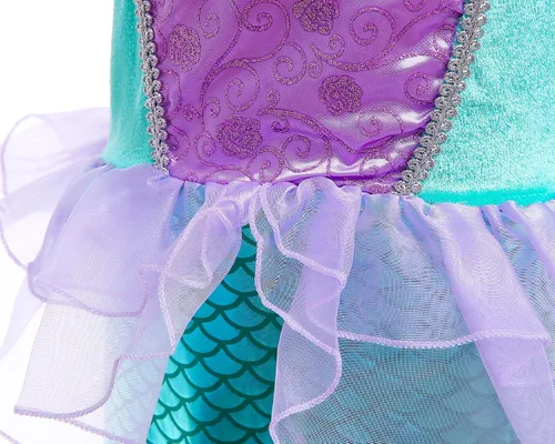 Vista 3 de Disfraz de sirena para niñas con corona morada, guantes de joyería, disfraz de princesa de Halloween