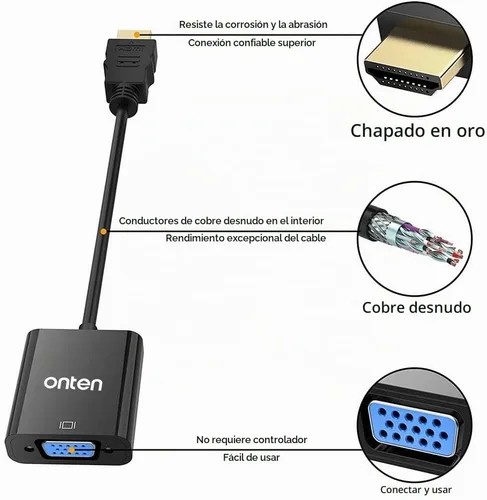 Vista 5 de ONTEN Cable HDMI a VGA. Convertidor HDMI macho a VGA macho con conector de audio de 0.138 in para TV Stick, Raspberry Pi, portátil, monitor, PC