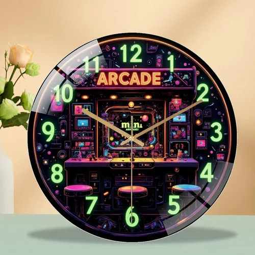 Vista 8 de 12-Inch Silent Tempered Glass Wall Clock, Retro Mini Arcade Clock Neon Art(1) ” Silent Non-Ticking Clock, Battery Operated