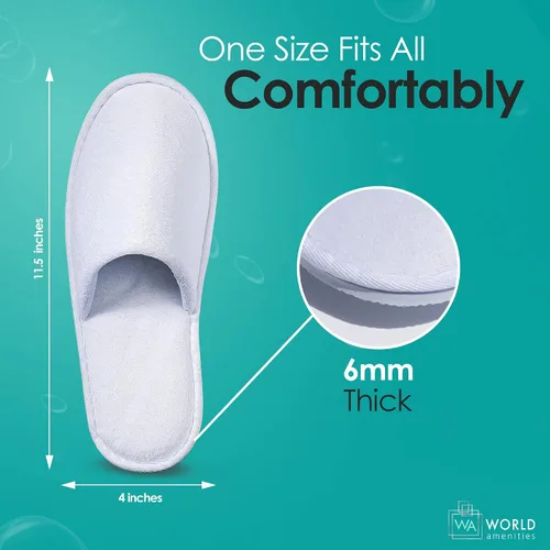 Vista 3 de World Amenities Pantuflas de spa prémium unisex a granel Punta cerrada, envueltas individualmente Pantuflas de hotel
