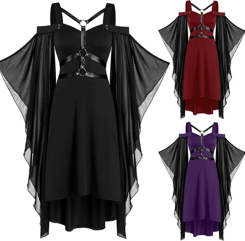 Vista 6 de Wkishenl Vestido gótico con mangas de mariposa para mujer, vestido punk transparente de malla, con tirantes delgados, vestido steampunk de Halloween