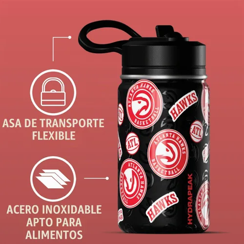 Vista 3 de Hydrapeak x NBA Botella de agua mini de 14 onzas oficialmente licenciada de los Atlanta Hawks para niños con tapa con popote y asa, reutilizable