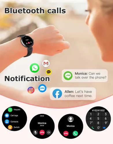 Vista 3 de Rastreador de Fitness, Relojes redondos de fitness para mujeres con Bluetooth, llamada, monitor de frecuencia cardíaca, rastreador de sueño