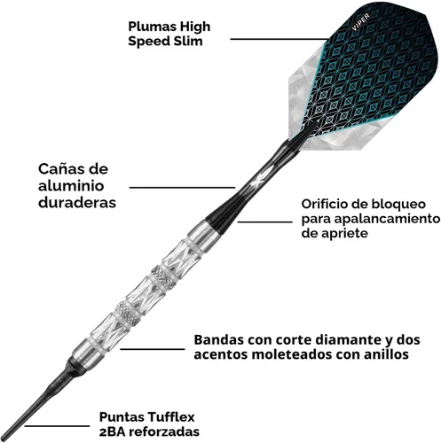 Vista 3 de Viper Juego de dardos de punta suave de tungsteno al 90% Diamond con estuche