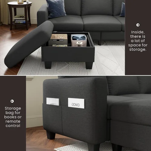 Vista 5 de Sofá seccional y sofás para sala de estar, sofá de lino gris oscuro en forma de L de 78 pulgadas, sofás convertibles modulares de 3 plazas aptos