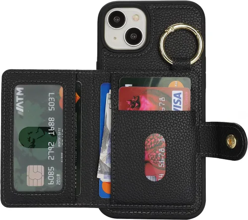 Vista 6 de Funda para iPhone 14 Plus con tarjetero, color negro Funda con cremallera y ranura para mujer y hombre
