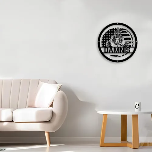 Vista 5 de Arte de Pared de Metal Personalizado de Béisbol con Bandera de EE.UU. con Luz LED, Letrero Personalizado con Nombre de Jugador de Sóftbol Americano